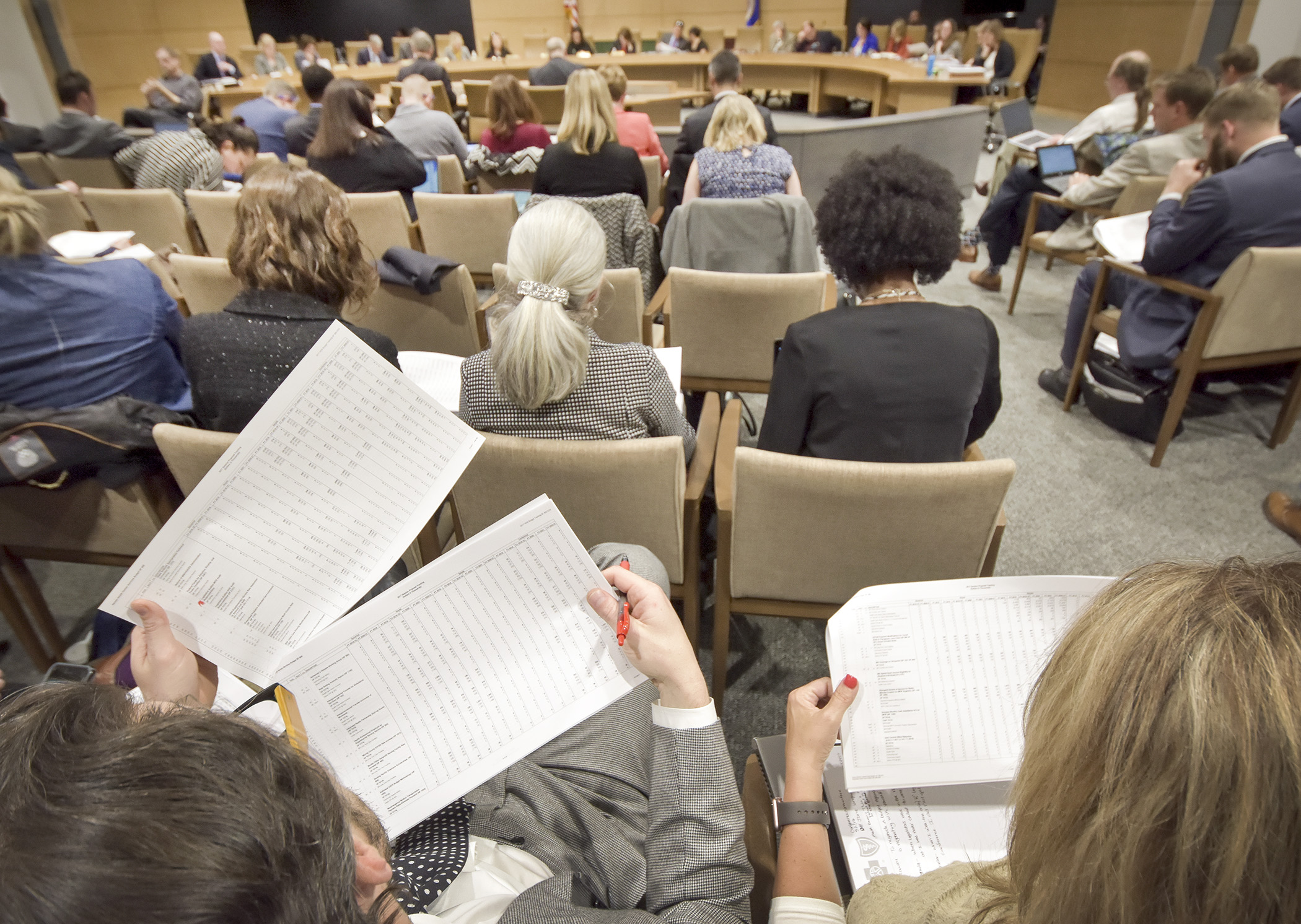 People follow along with the spreadsheet of the health and human services conference committee bill May 1. Photo by Andrew VonBank